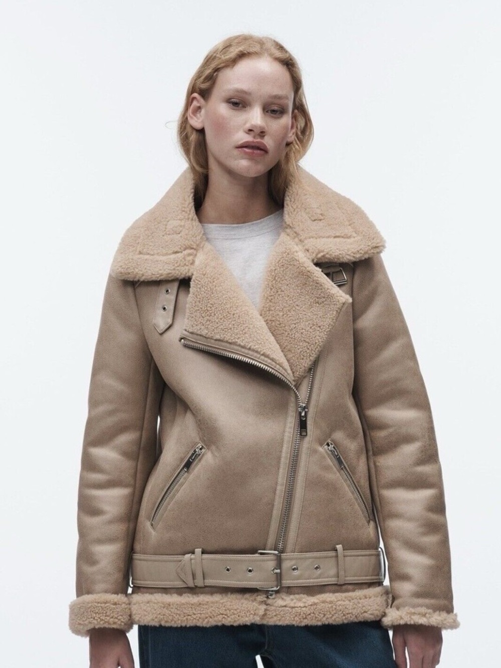 Zara Tan Shearling Moto Jacket